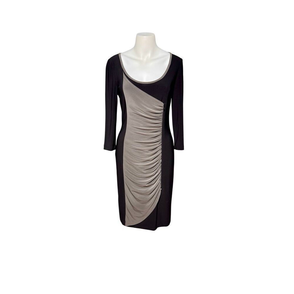 Joseph Ribkoff black and gray 3/4 sleeve draped ruching dress size 8